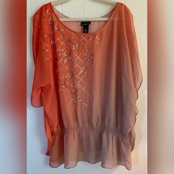 Lane Bryant Tops - Lane Bryant Blouse Women’s 22 Orange Sequins Flutter Sleeves Sheer Ruffles Fairy